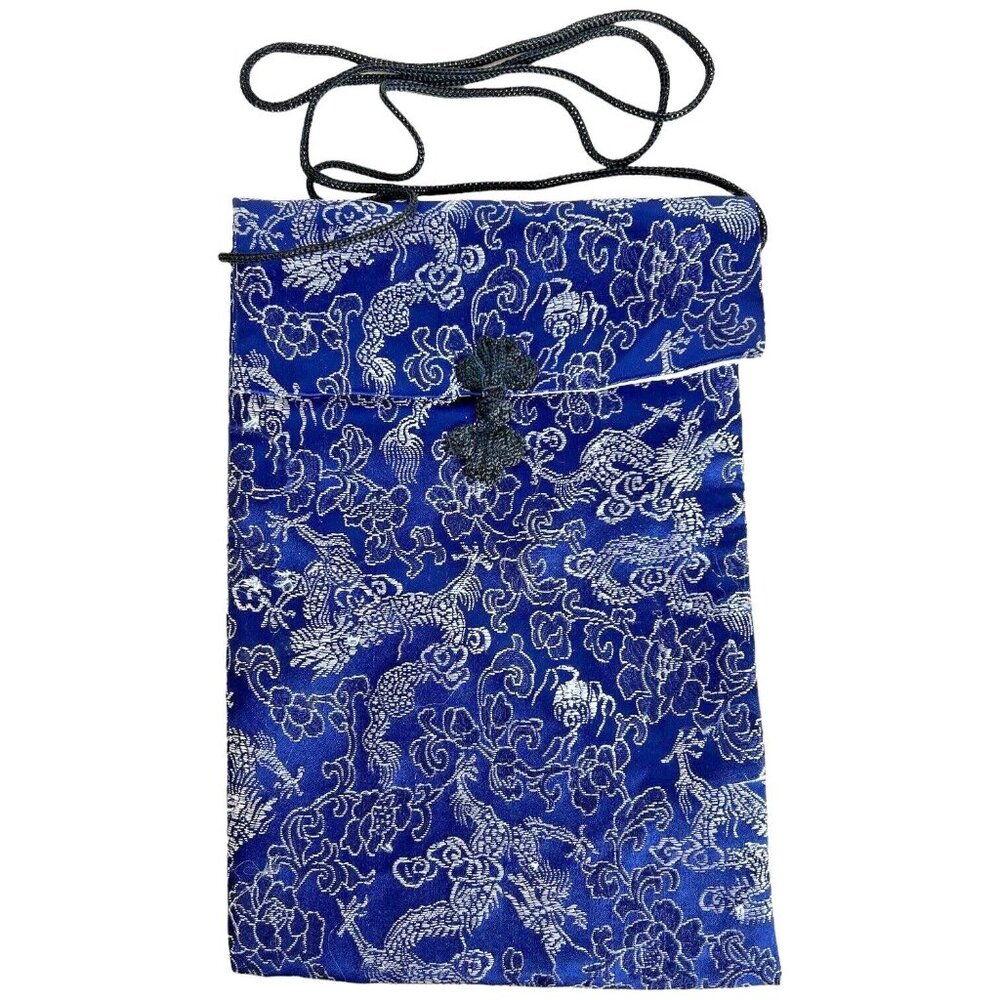 Satin Crossbody Purse Blue Silver Bag Japanese Asian Design‎ Fabric Frog Closure